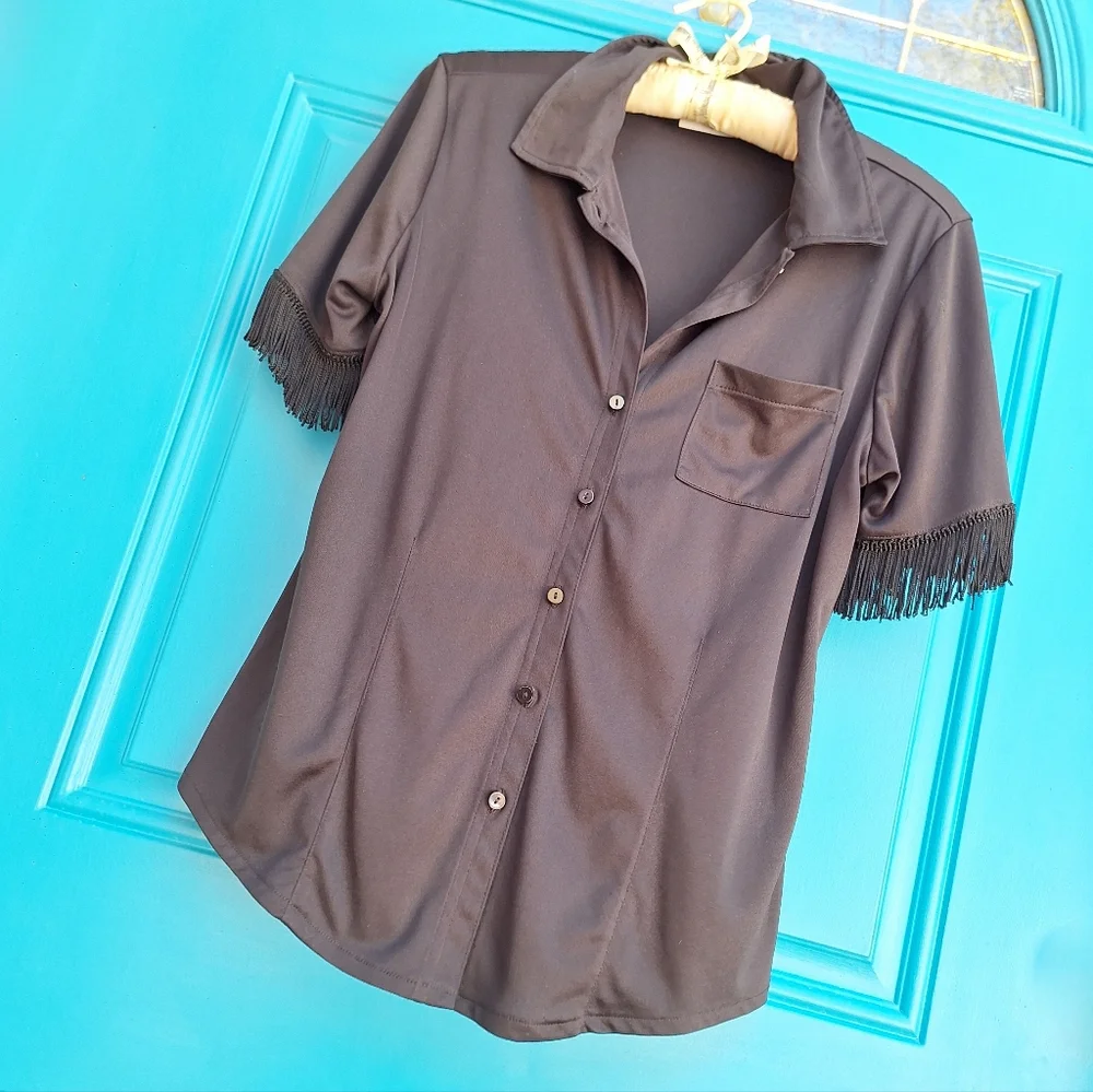 Vintage Blouse Fringe Sleeves Button Down Fitted Top Exagerated Flowy Trim M - Picture 4 of 17